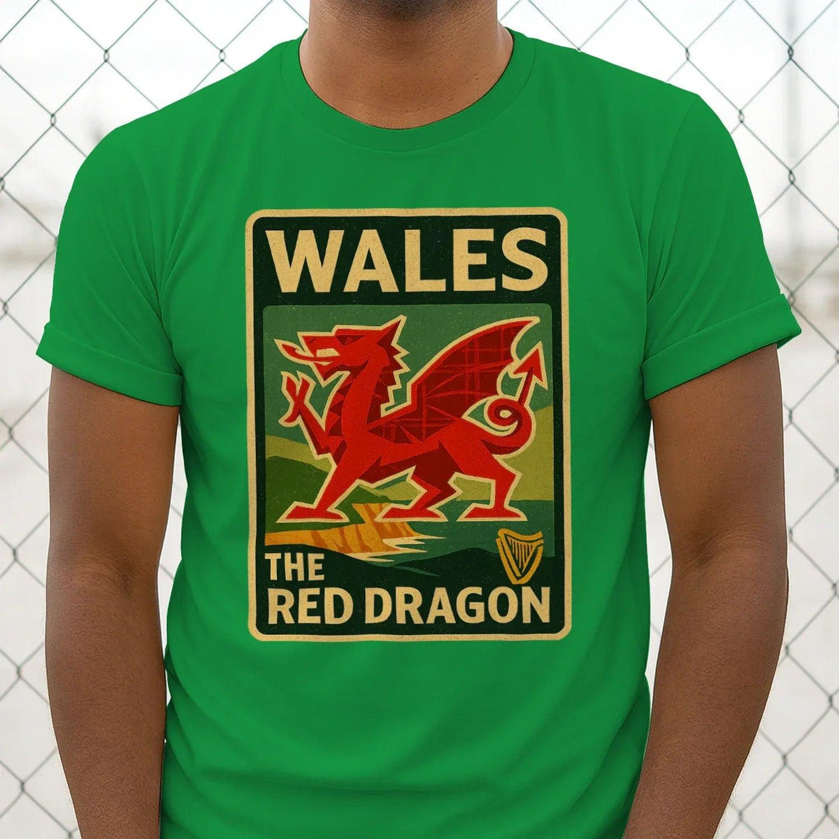 Men's green T-shirt with Wales red dragon crest graphic, short sleeves and crew neck.