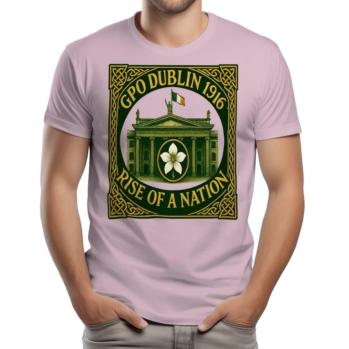 Light pink unisex heavy cotton T-shirt with centered GPO Dublin 1916 front graphic