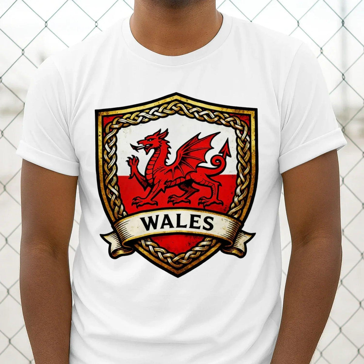 White cotton T-shirt with Wales heraldic dragon shield crest graphic