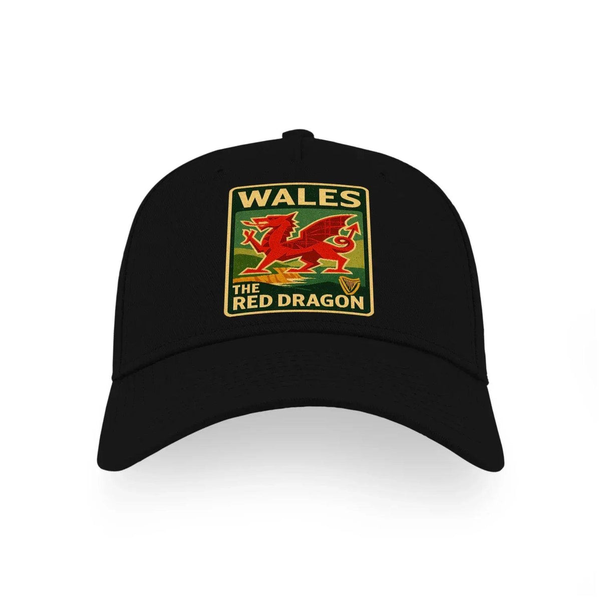 Black baseball cap with embroidered Wales “The Red Dragon” crest on the front.