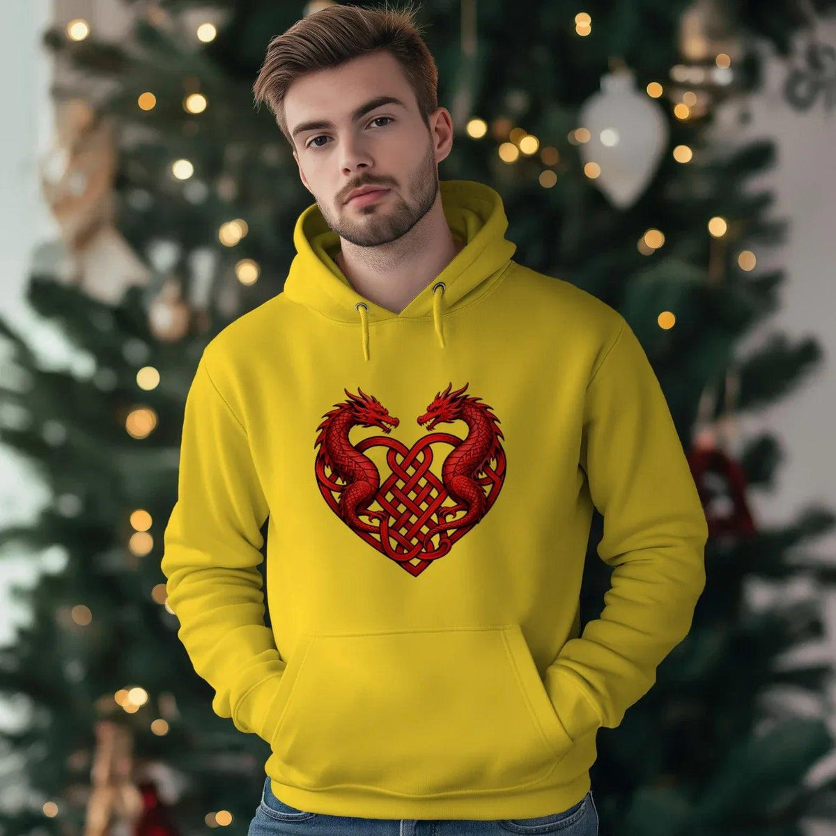 Yellow pullover hoodie with red dragon heart emblem and front kangaroo pocket