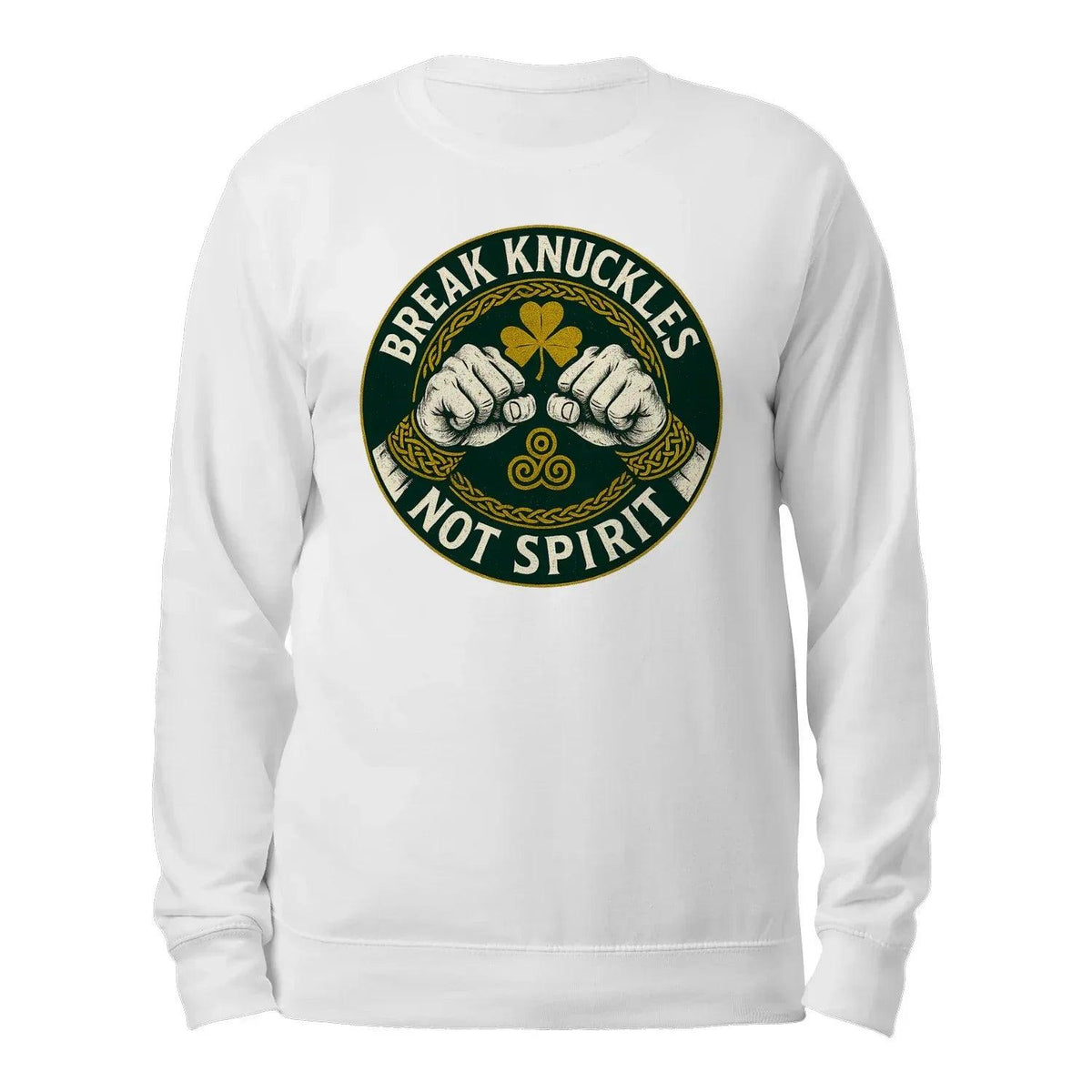 White crewneck sweatshirt back view with circular 'Break Knuckles Not Spirit' emblem