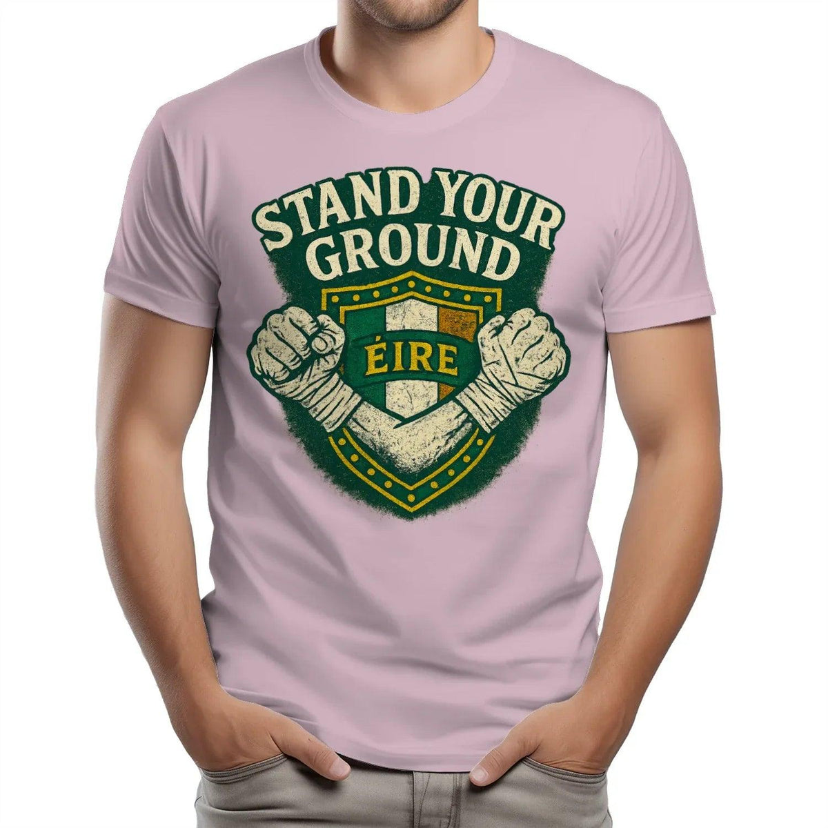 Heavy cotton T-shirt in lavender with green-and-white shield logo graphic on front