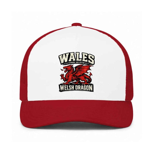 5-panel trucker cap, white crown with red side panels and Wales dragon front logo