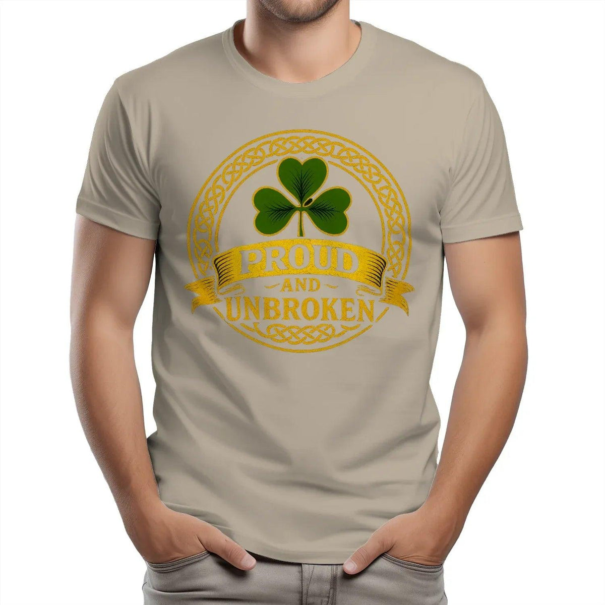 Beige crewneck cotton T-shirt with front gold circular shamrock emblem graphic