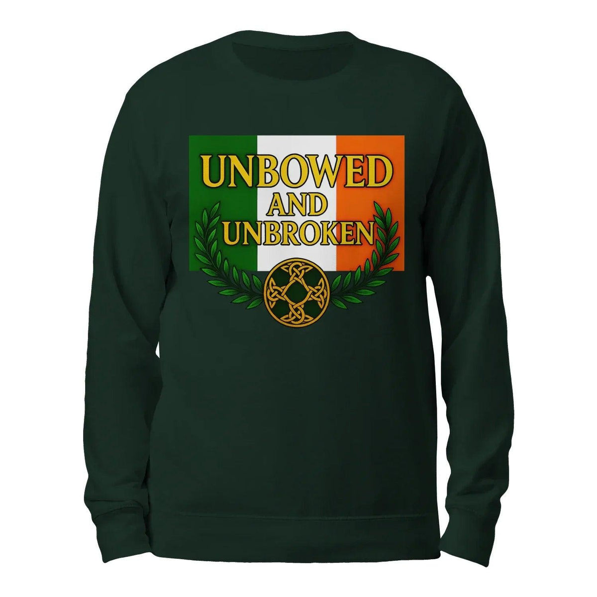 Dark green sweatshirt with UNBOWED AND UNBROKEN logo graphic, crewneck