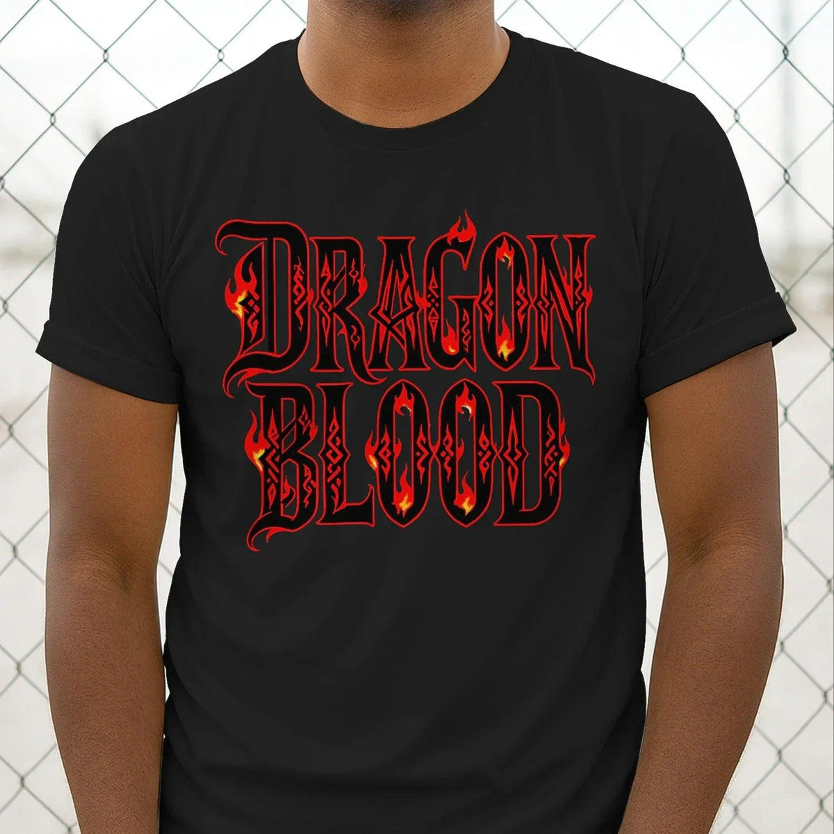 Unisex black short-sleeve T-shirt with Dragon Blood flaming gothic text print