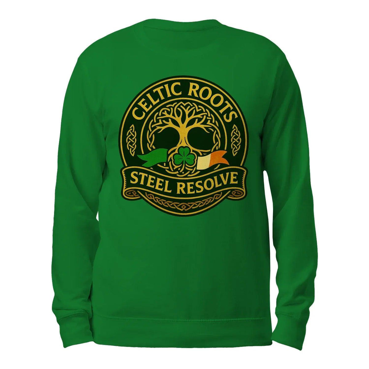 Green crewneck sweatshirt with front gold “CELTIC ROOTS / STEEL RESOLVE” logo
