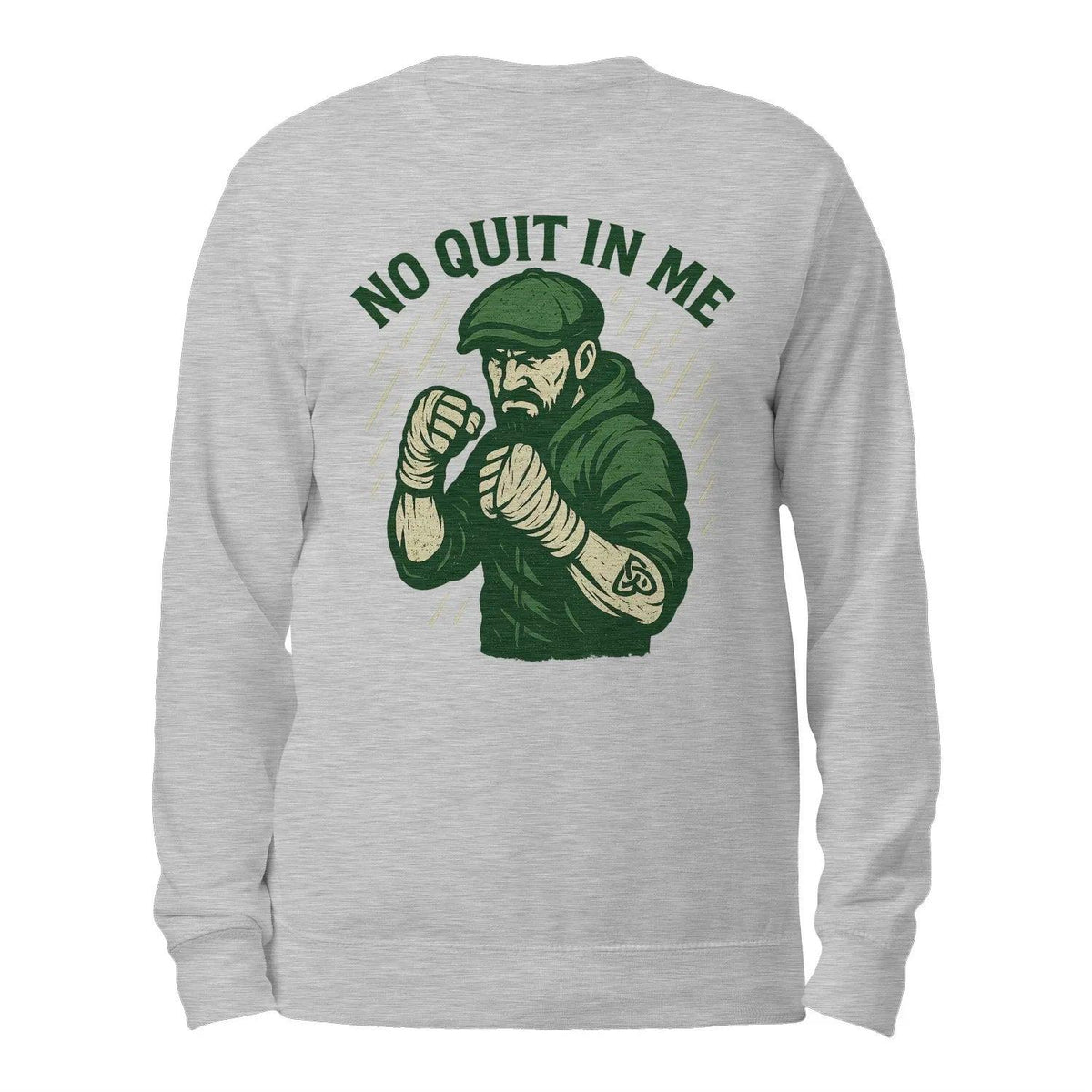 Heather grey crewneck sweatshirt back view with green “NO QUIT IN ME” logo and character