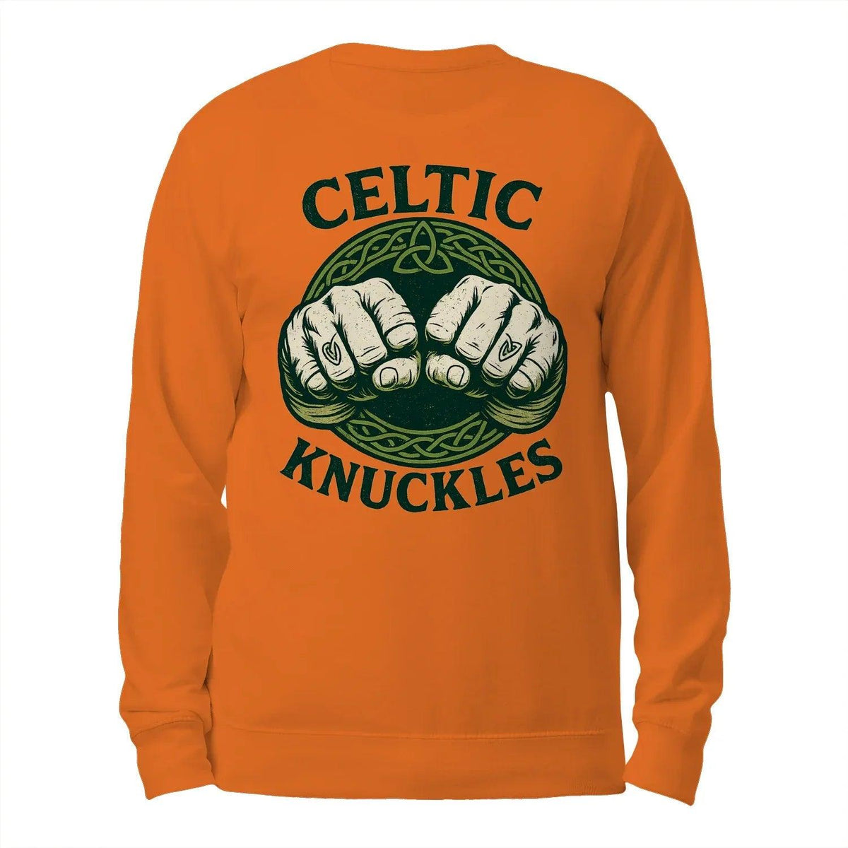 Orange crewneck sweatshirt with Celtic Knuckles fist and knot graphic, long sleeves