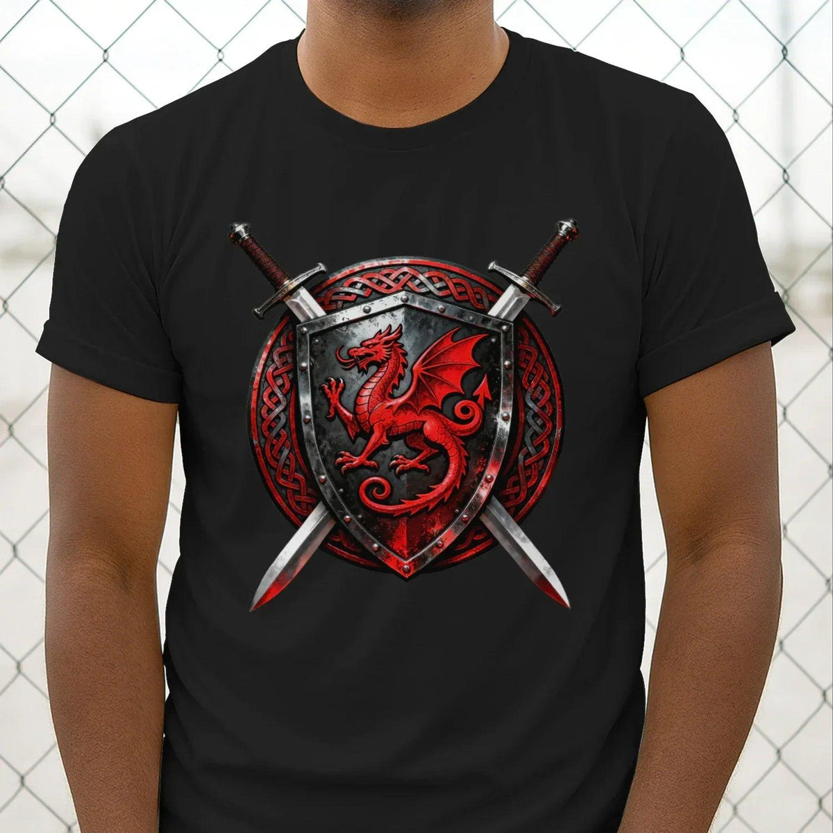 Black men's crewneck T-shirt featuring a red dragon shield and crossed swords print