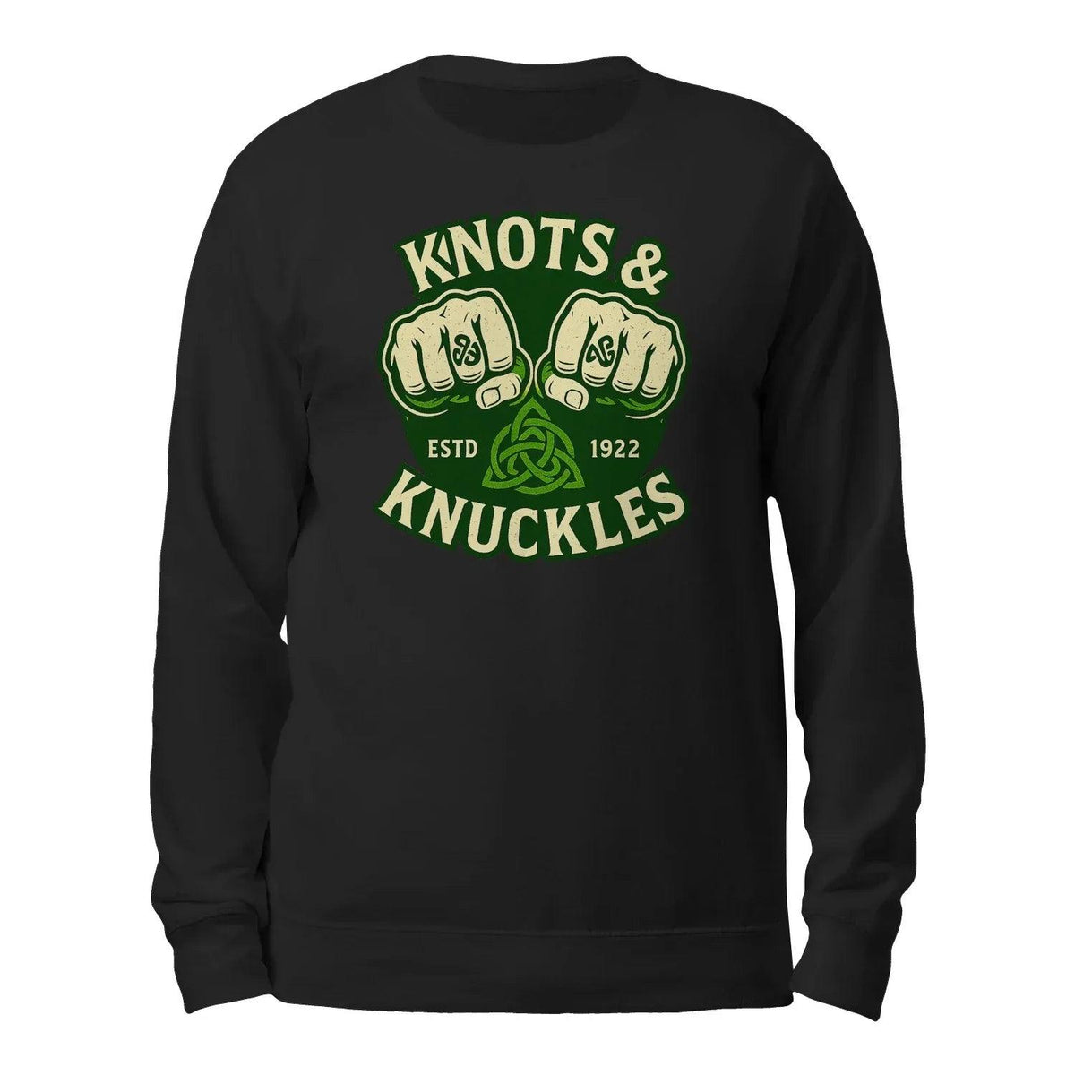 Black crewneck sweatshirt with front “Knots & Knuckles” logo graphic