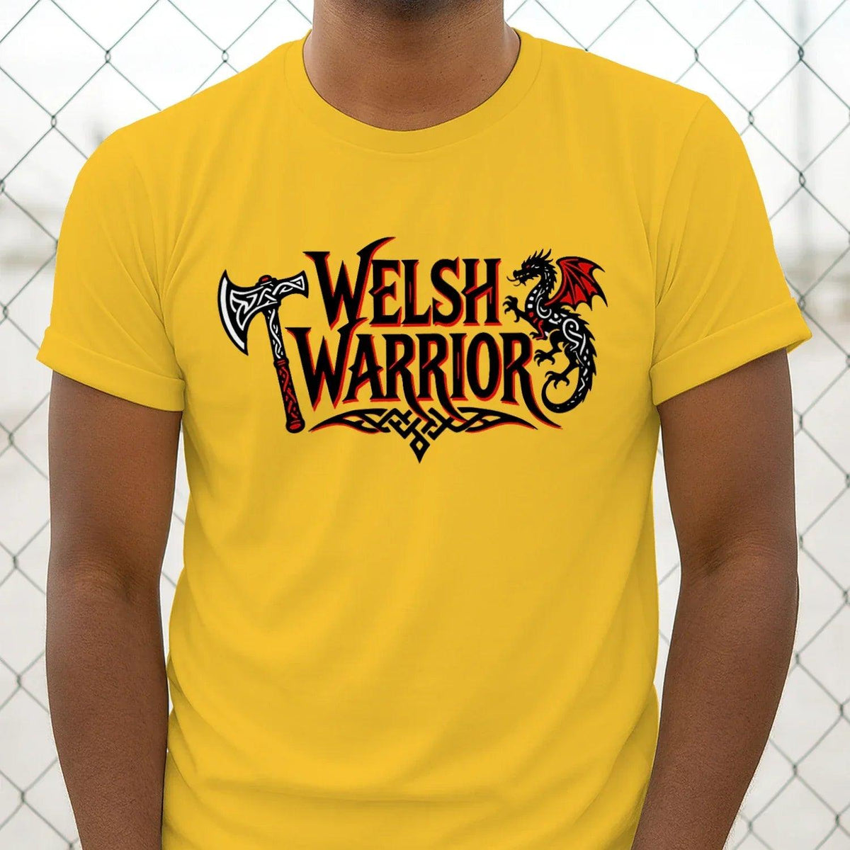 Unisex graphic t-shirt, mustard yellow, short sleeves, Welsh Warrior logo centered
