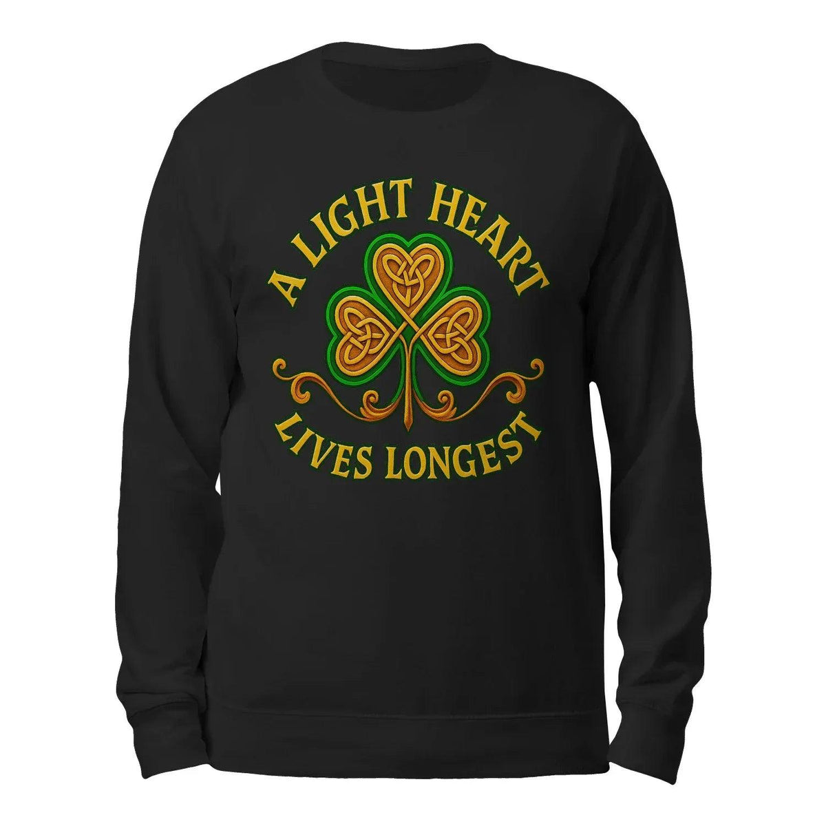 Black sweatshirt with front clover graphic and “A LIGHT HEART LIVES LONGEST”