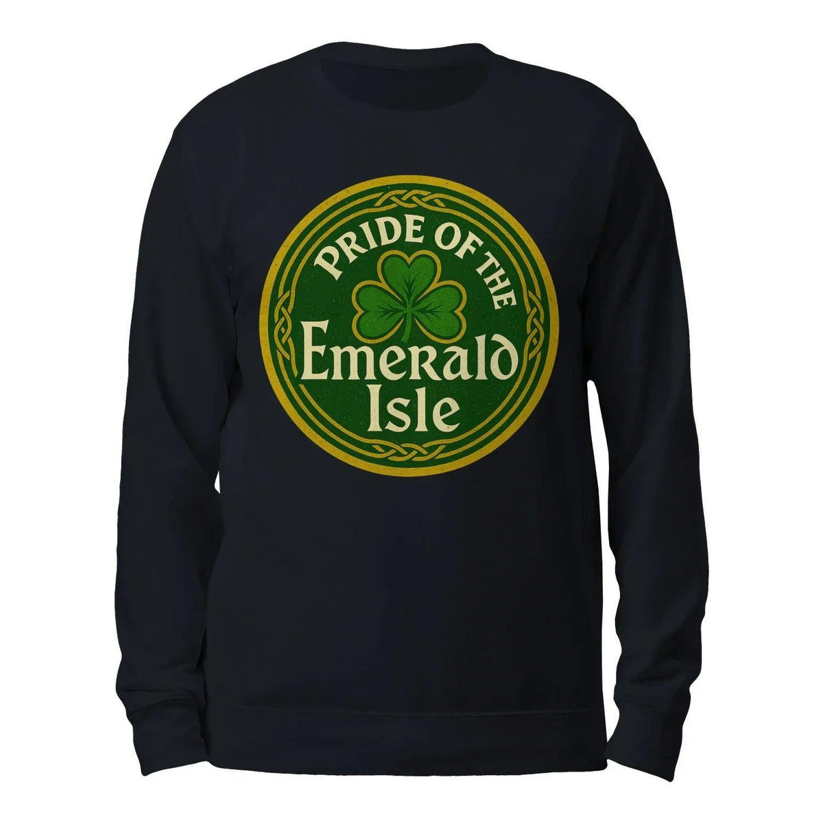 Navy sweatshirt with round Emerald Isle emblem graphic on front, crew neck