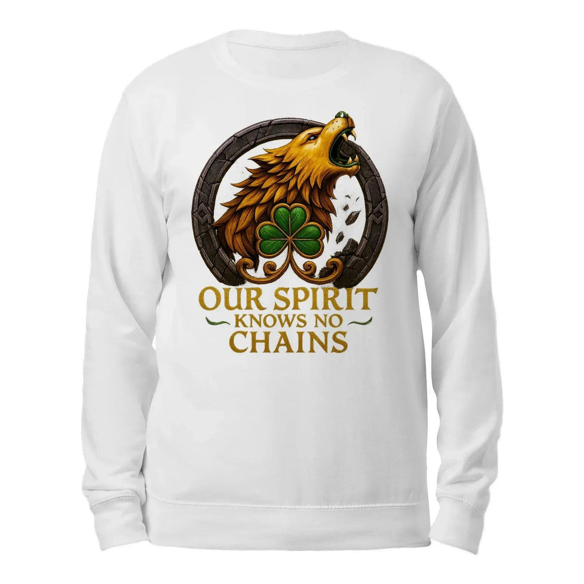 White crewneck sweatshirt front view, eagle crest graphic reading OUR SPIRIT KNOWS NO CHAINS