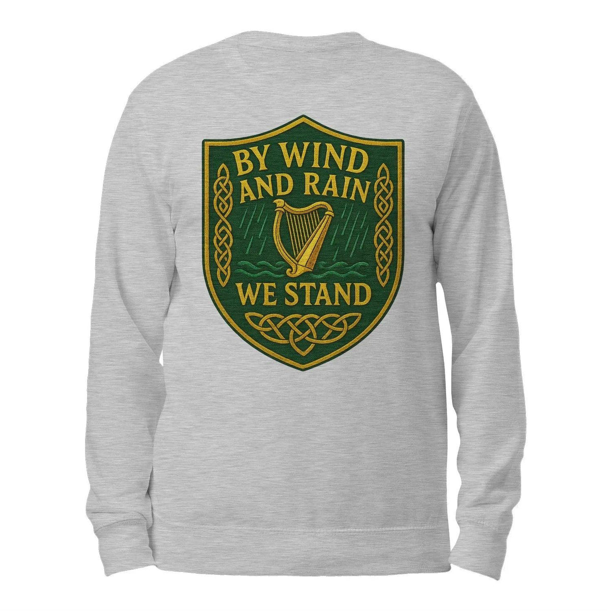 Heather grey sweatshirt back with centered shield logo graphic, crew neck, long sleeves