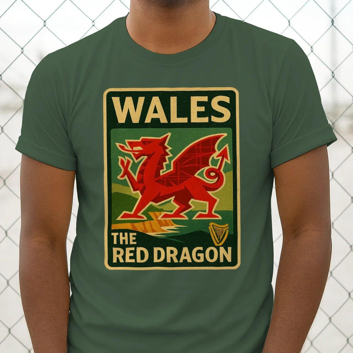 Dark green T-shirt with Wales Red Dragon crest square graphic on chest