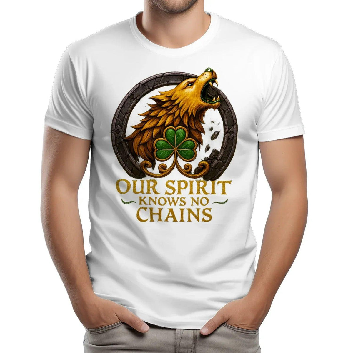 White crewneck T-shirt with eagle, clover and 'Our Spirit Knows No Chains' print