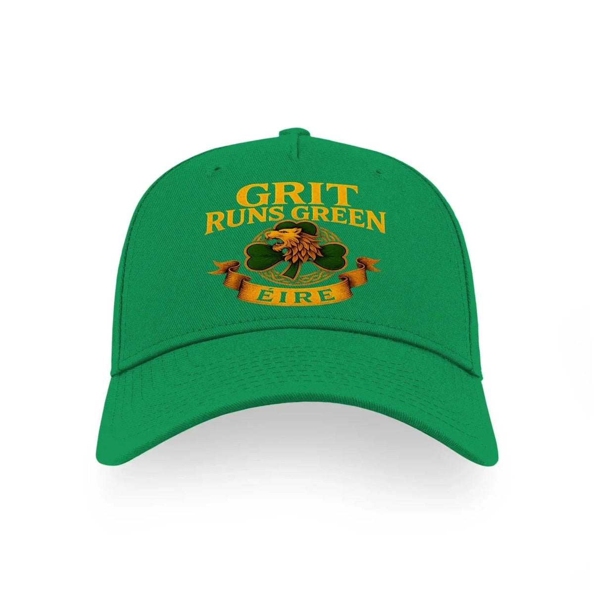Green baseball cap with embroidered front crest reading Grit Runs Green Eire