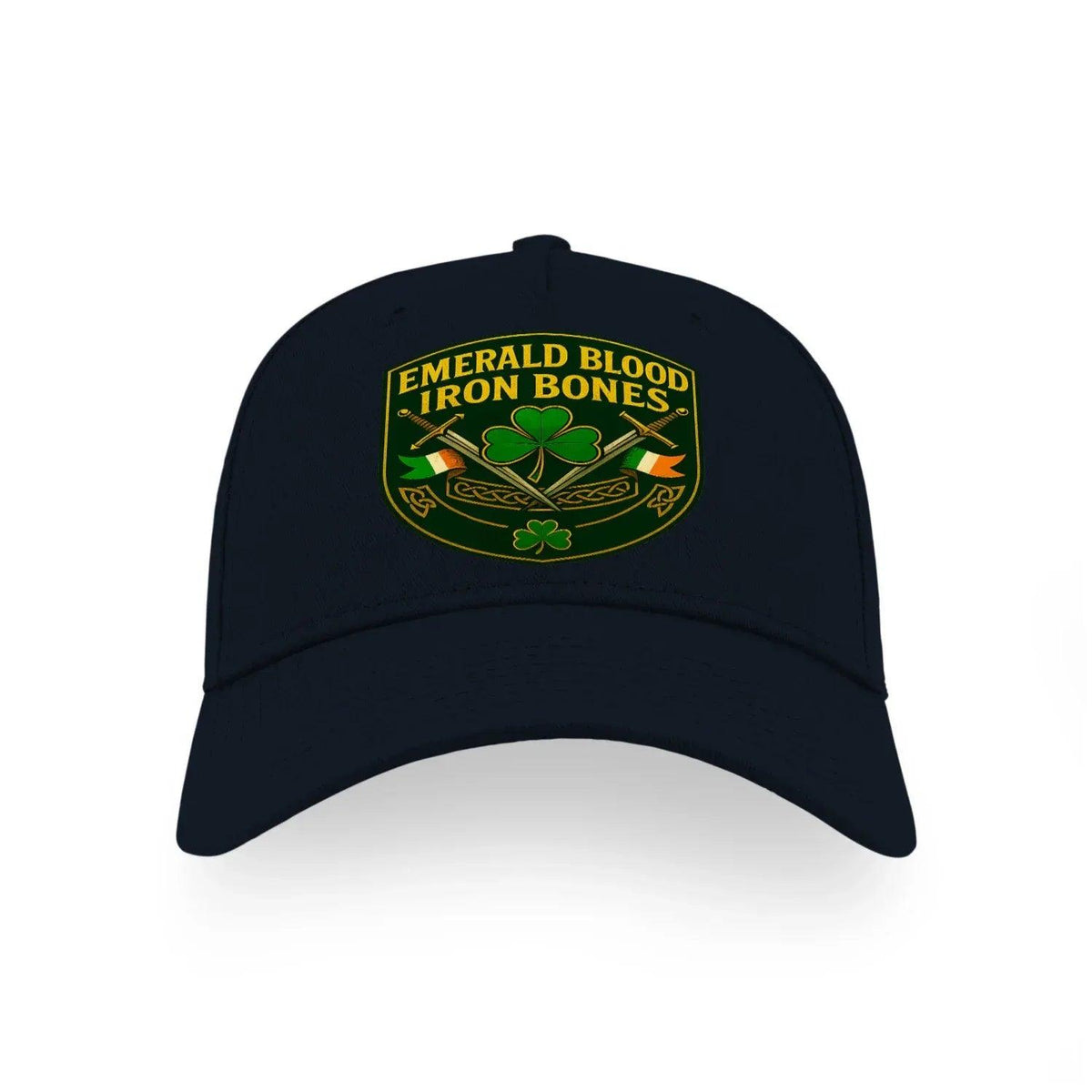 Navy sports cap with 'Emerald Blood Iron Bones' front logo.