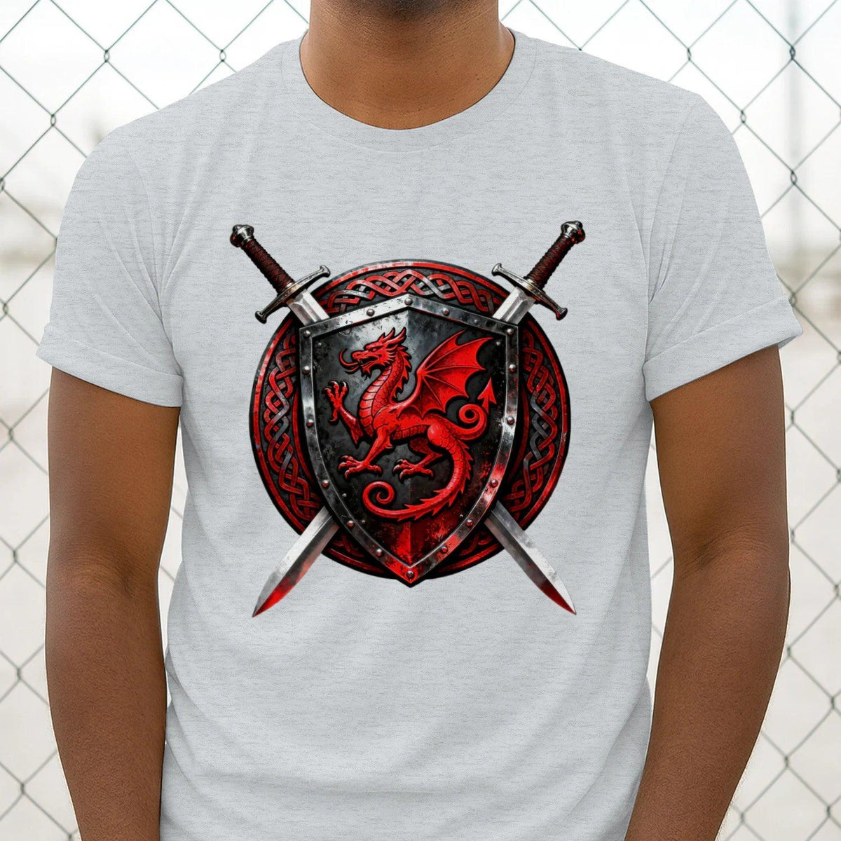 Light gray men's crewneck T-shirt featuring a large red dragon shield and sword cross