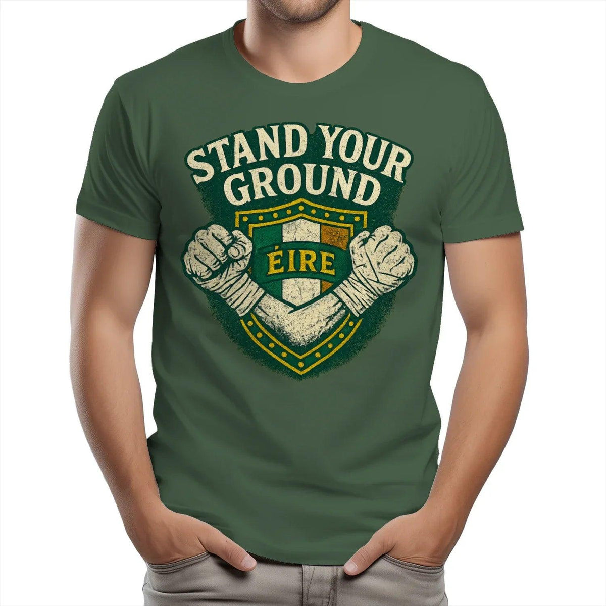 Forest green heavy cotton T-shirt with large 'Stand Your Ground' crest print