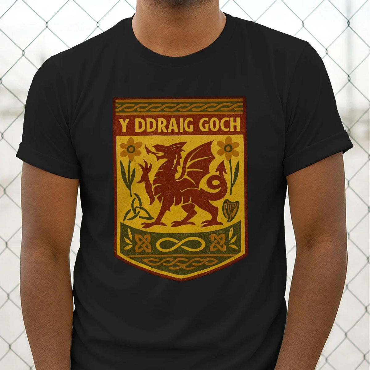 Black T-shirt close-up: chest shield graphic with dragon and floral motifs