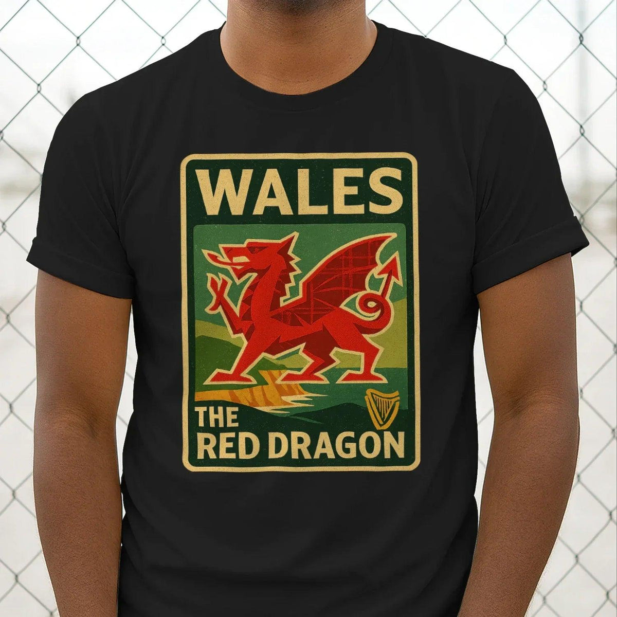 Black T-shirt with Wales Red Dragon crest square graphic on chest