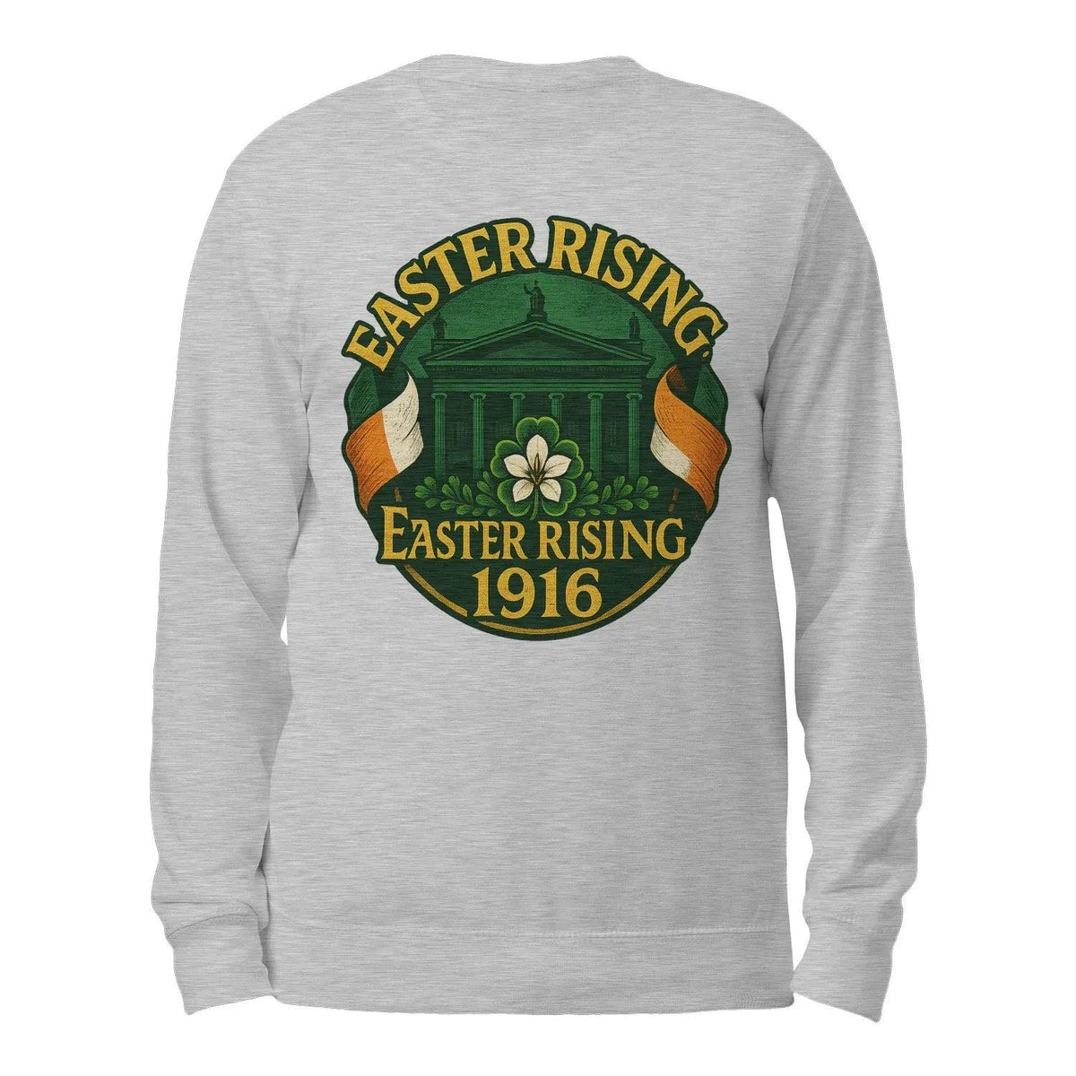 Light gray crewneck sweatshirt with “Easter Rising 1916” back graphic, long sleeves