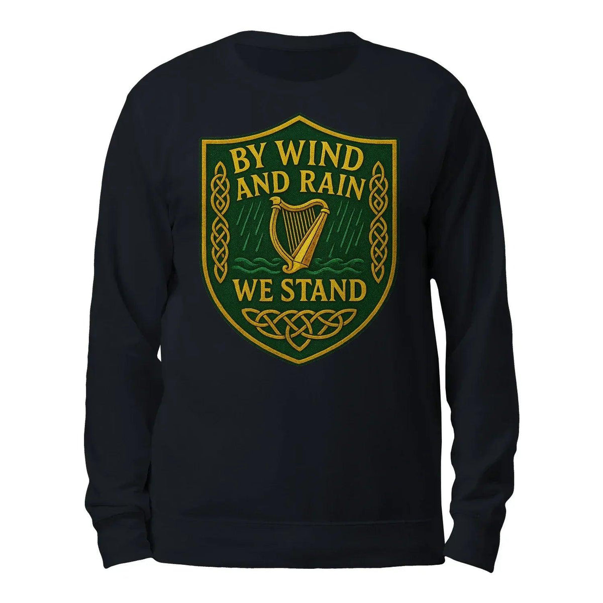 Dark sweatshirt back with large shield graphic centered, crew neck, long sleeves