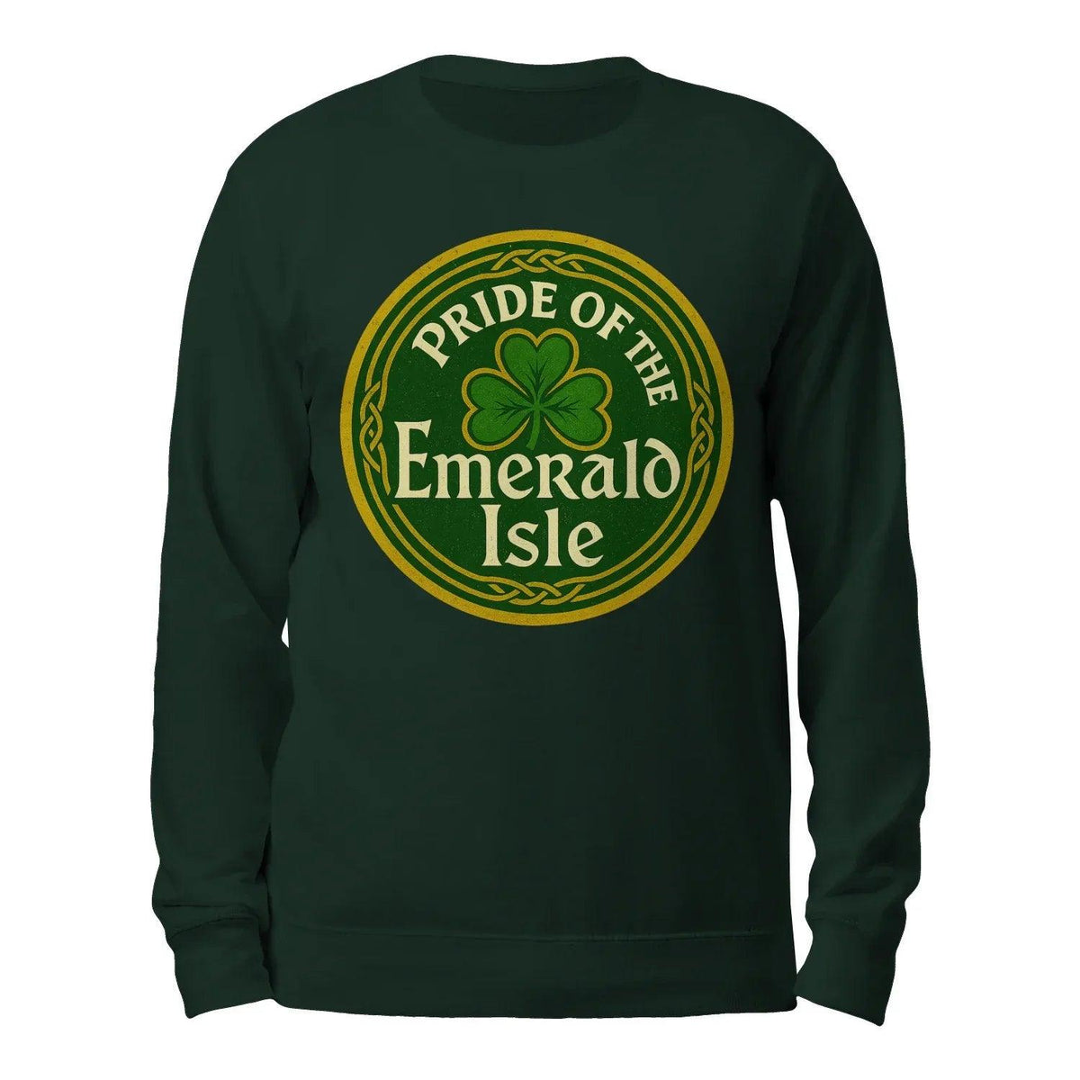 Forest green sweatshirt with round Emerald Isle emblem graphic on front, crew neck