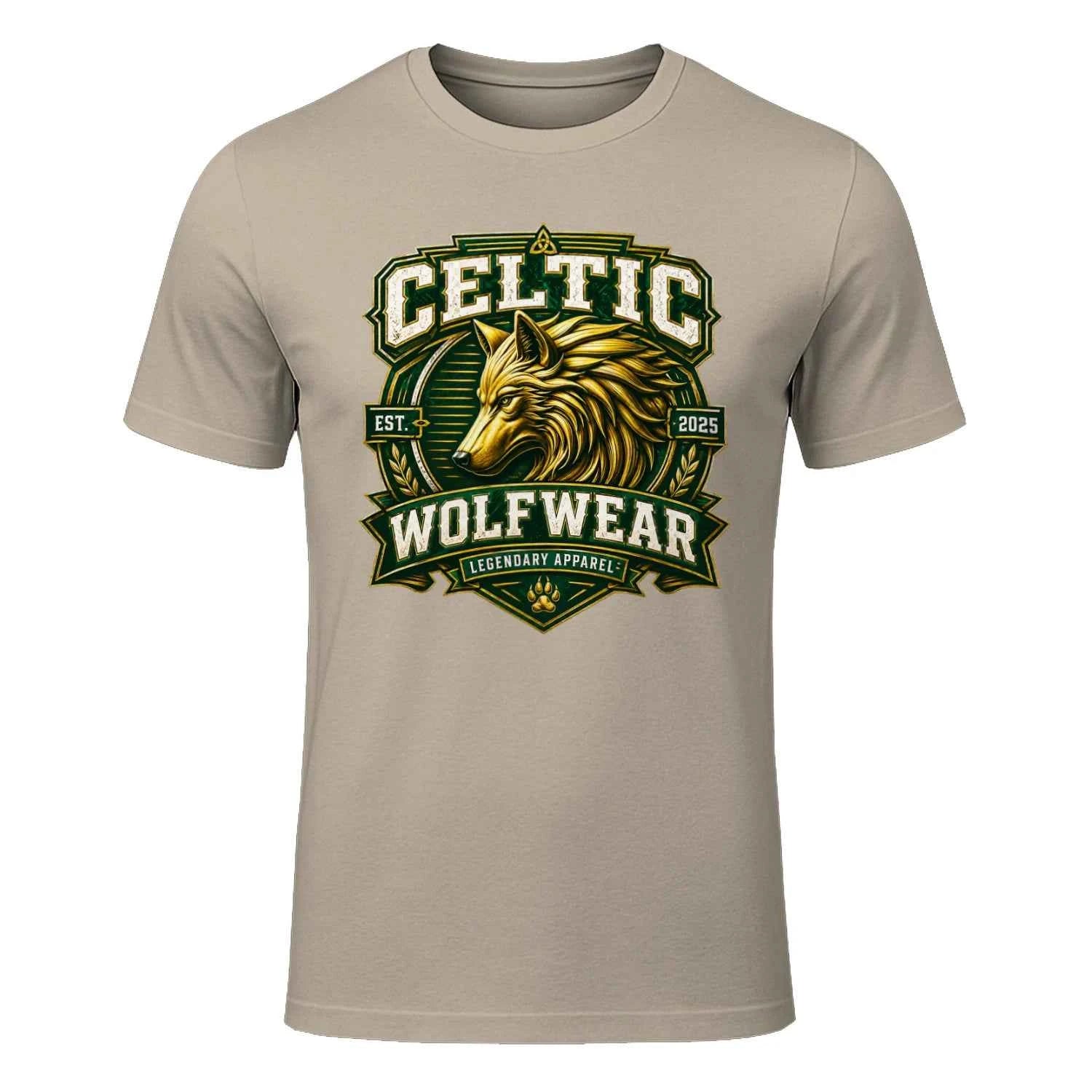 Sand T-shirt with large front wolf and Celtic crest graphic in green and gold.
