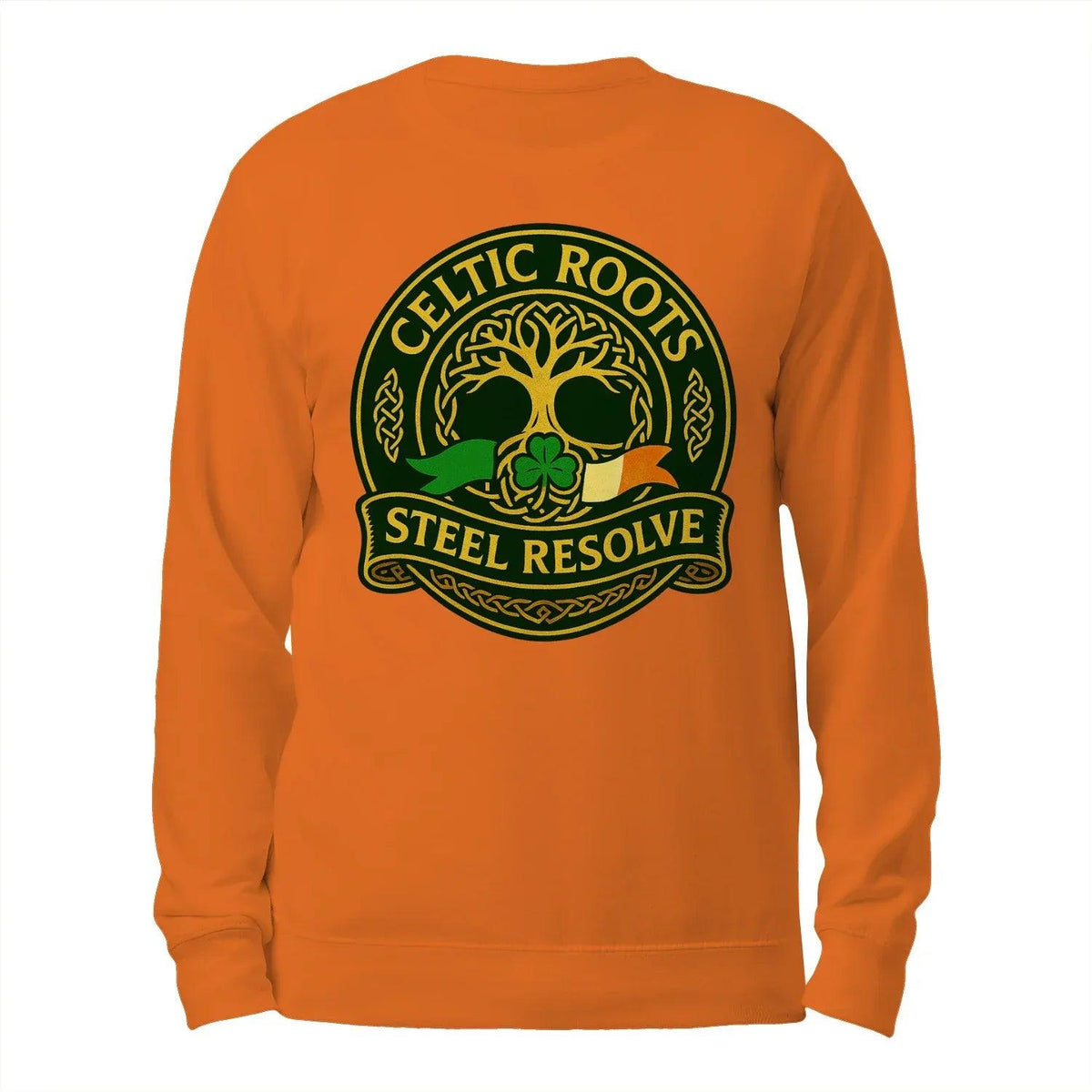 Orange crewneck sweatshirt, back view with large green and gold Celtic roots Steel Resolve logo