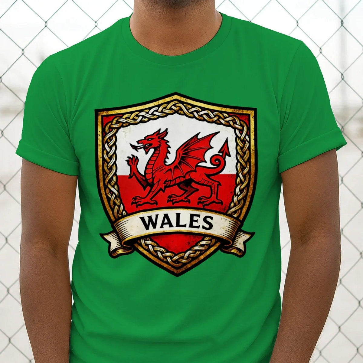 Irish green cotton T-shirt with Wales heraldic shield dragon graphic, centered