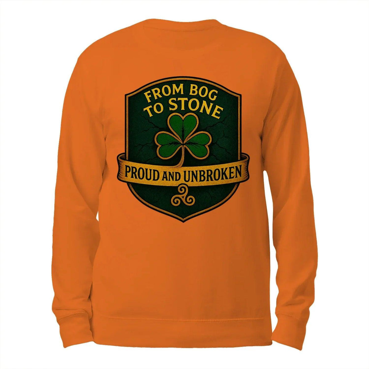 Orange crewneck sweatshirt, back view with clover crest graphic