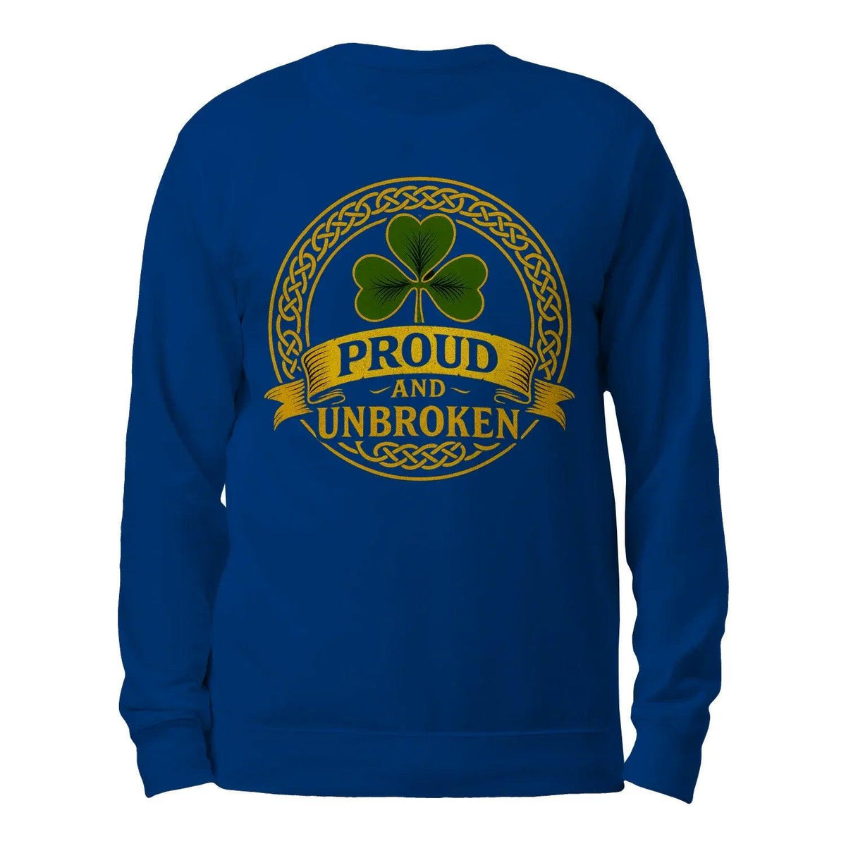 Blue long-sleeve sweatshirt with gold clover “Proud and Unbroken” logo on back.