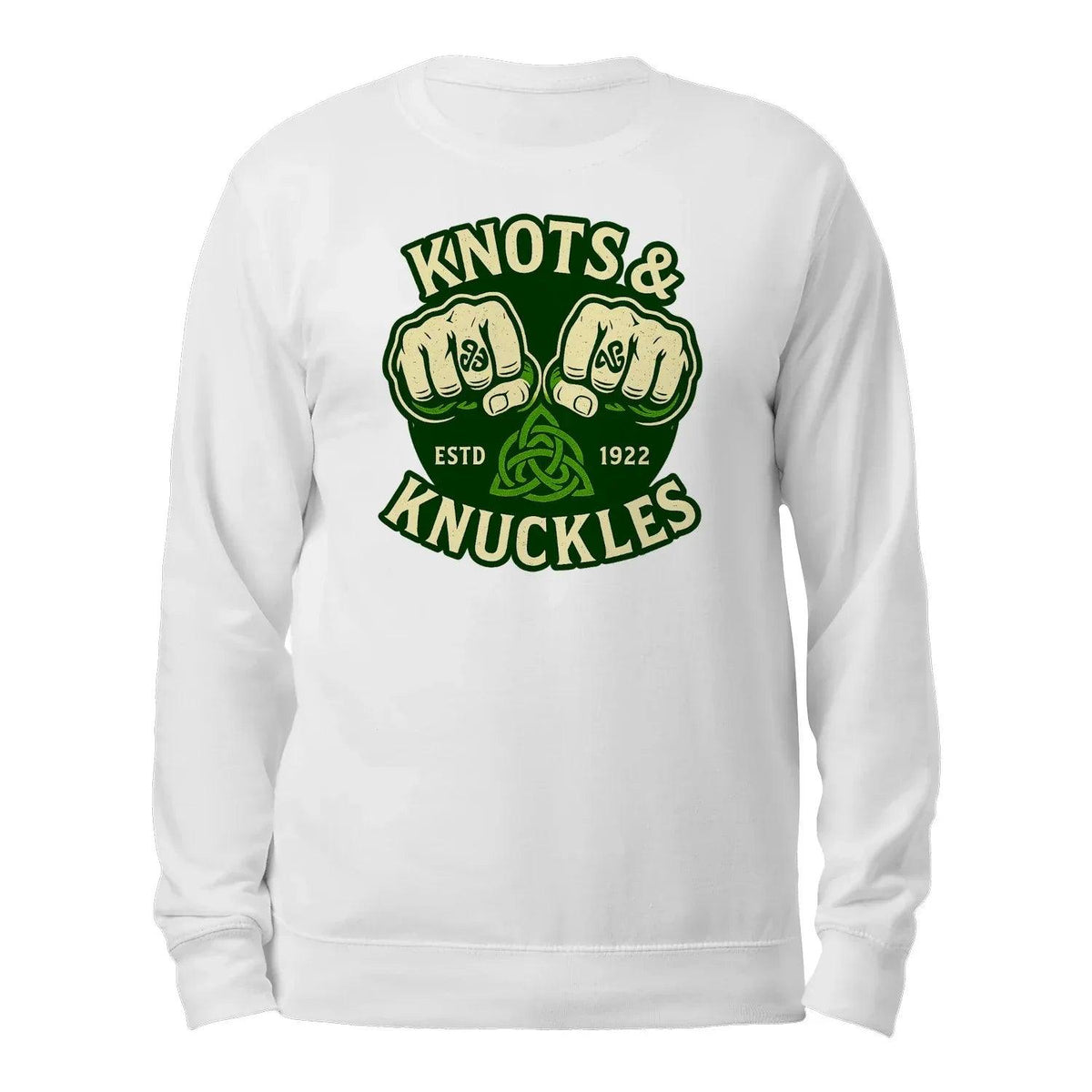 White crewneck sweatshirt back view with green Knots & Knuckles graphic
