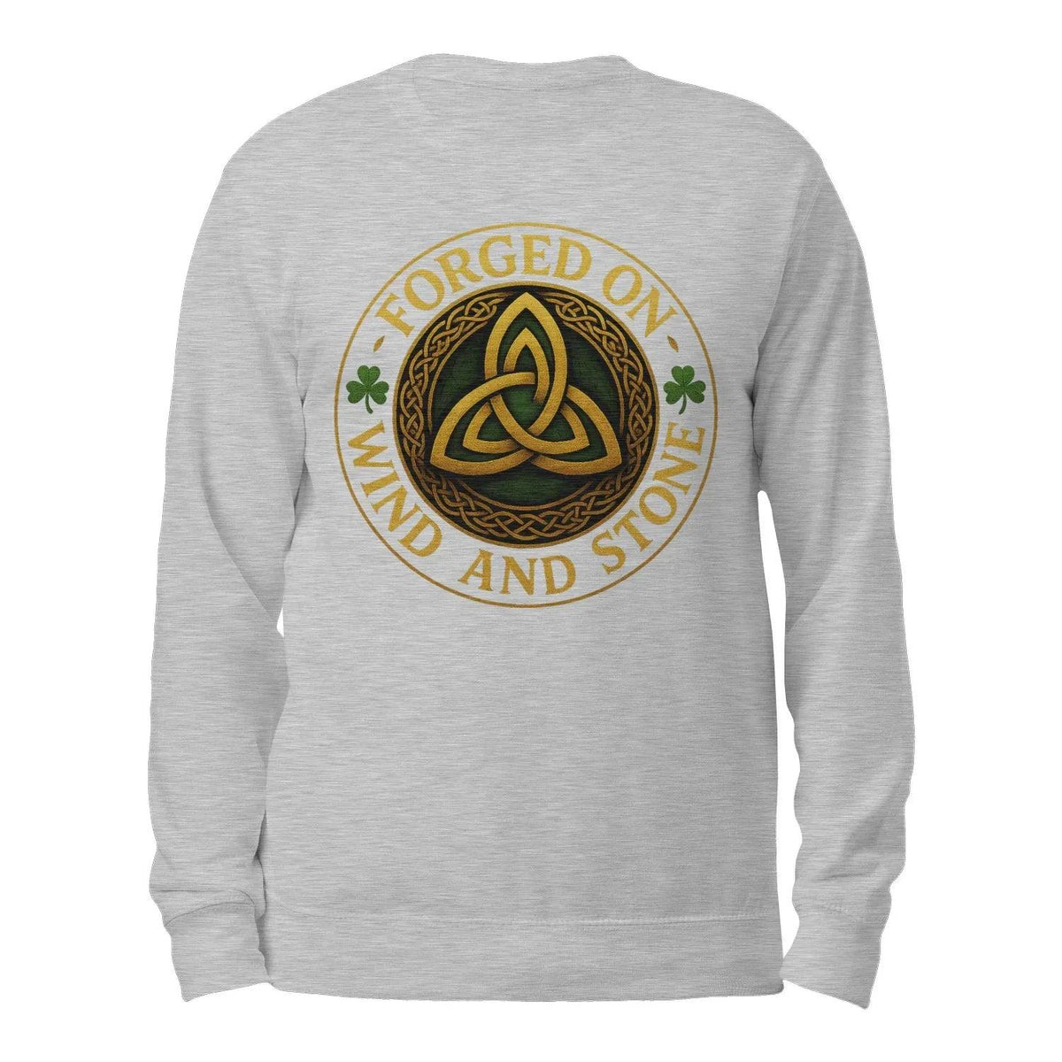 Heather gray crewneck sweatshirt with oval Celtic-style back graphic