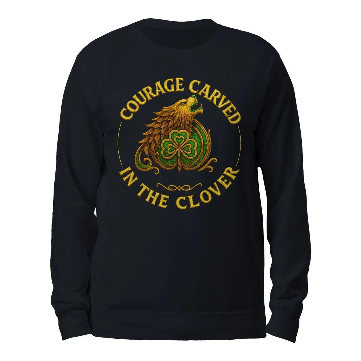 Navy hoodie with clover bird "Courage Carved In The Clover" emblem