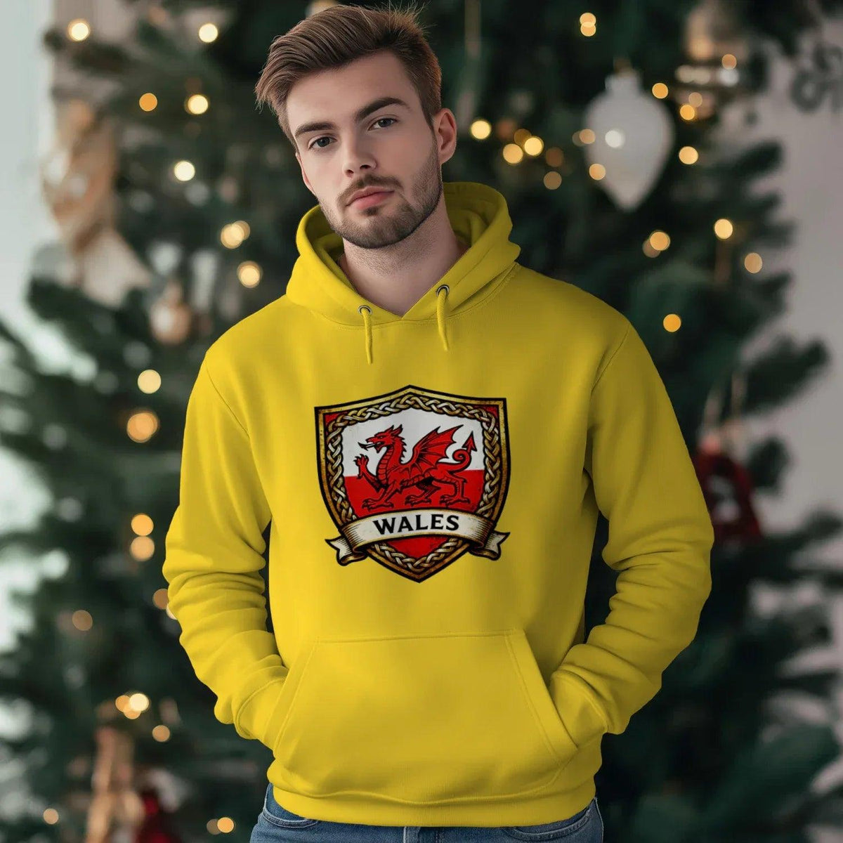 Bright yellow hoodie with kangaroo pocket and Wales crest dragon logo on chest