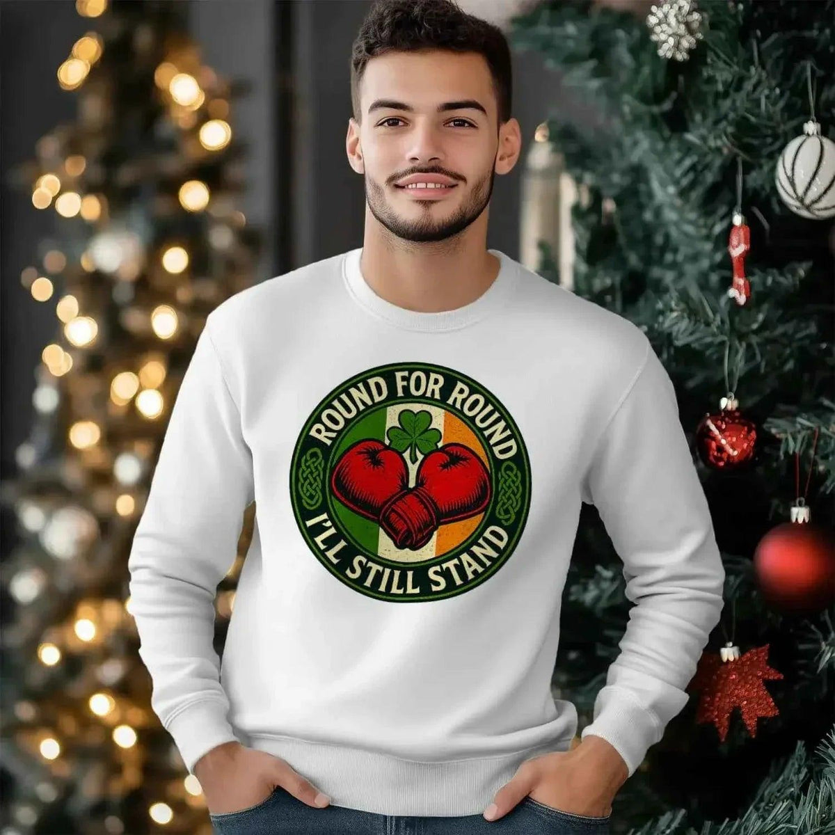 White cotton sweatshirt, long sleeves, round clover heart graphic at chest