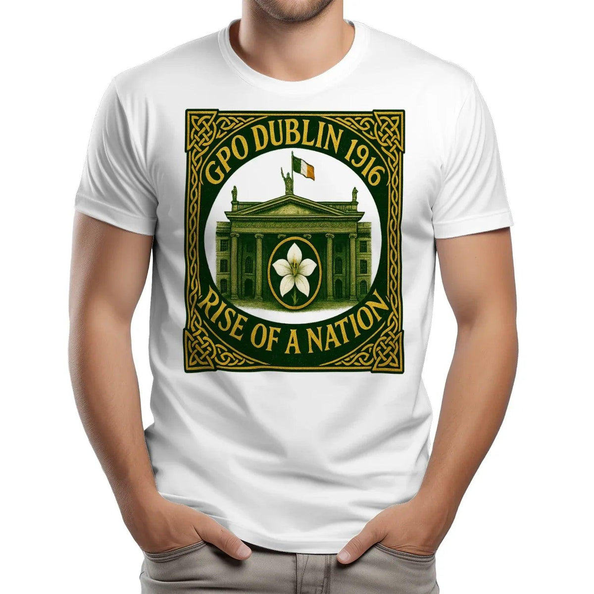 White unisex heavy cotton T-shirt with centered GPO Dublin 1916 "rise of a nation" graphic