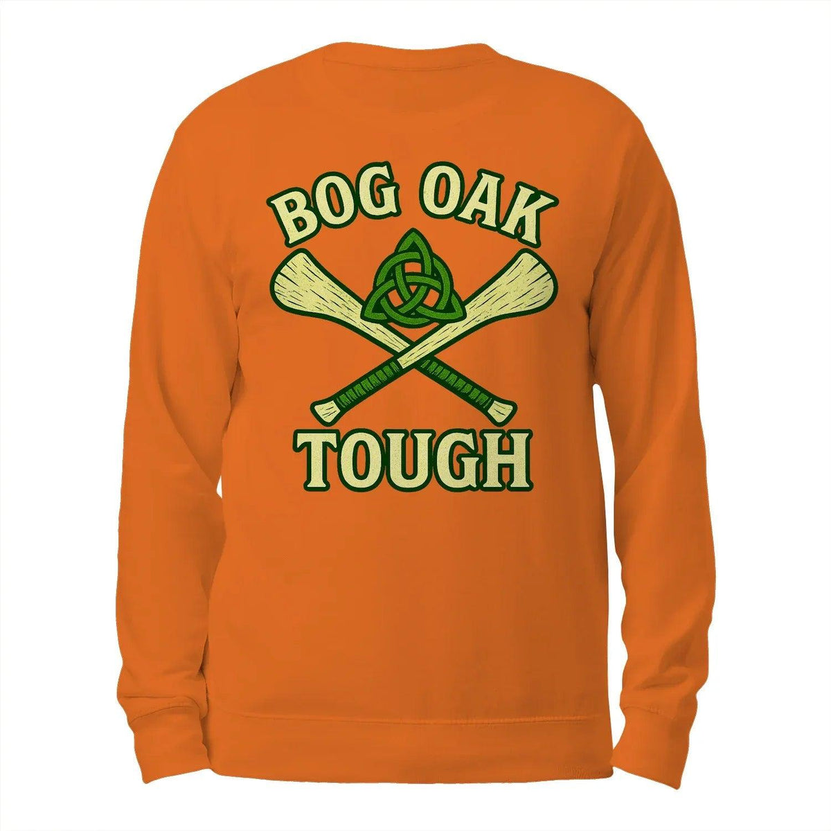 Orange crewneck sweatshirt with “BOG OAK TOUGH” graphic on back