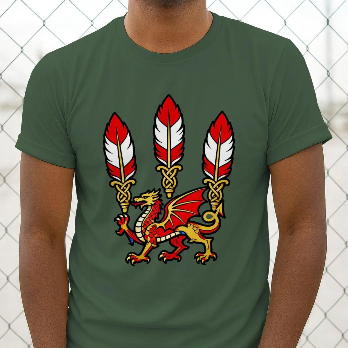 Forest green crew-neck T-shirt featuring a red dragon with three feather emblems