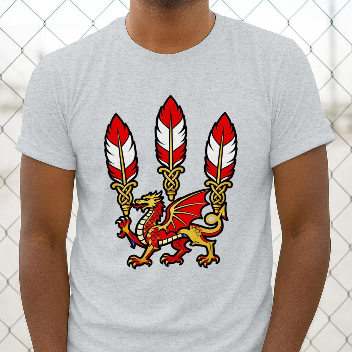 Light gray short-sleeve crew-neck T-shirt with three red-and-white feather emblems