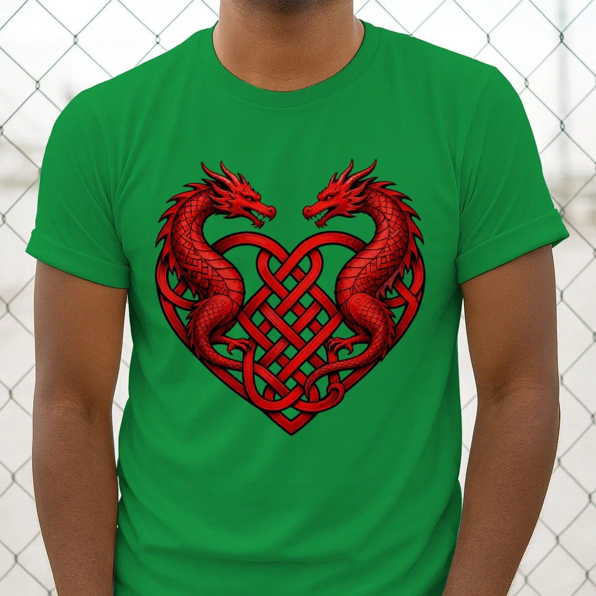 Green crewneck T-shirt with centered red double dragon heart knotwork graphic