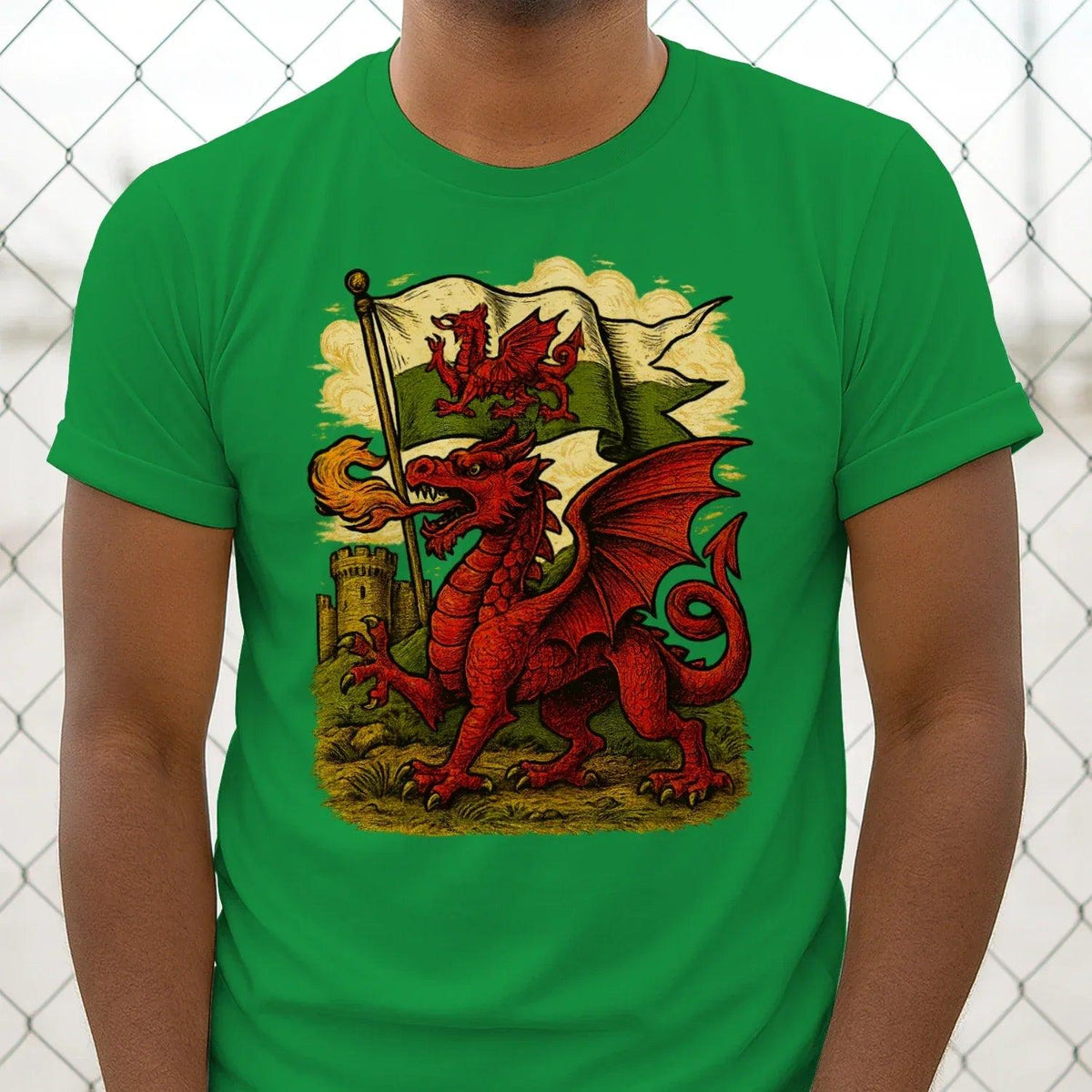 Men's T-shirt, Irish green, dragon flag front print with red dragon and split banner