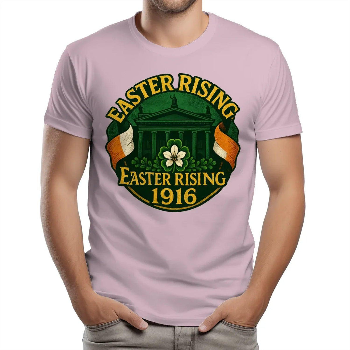 Lavender unisex T-shirt with green Easter Rising 1916 graphic on chest