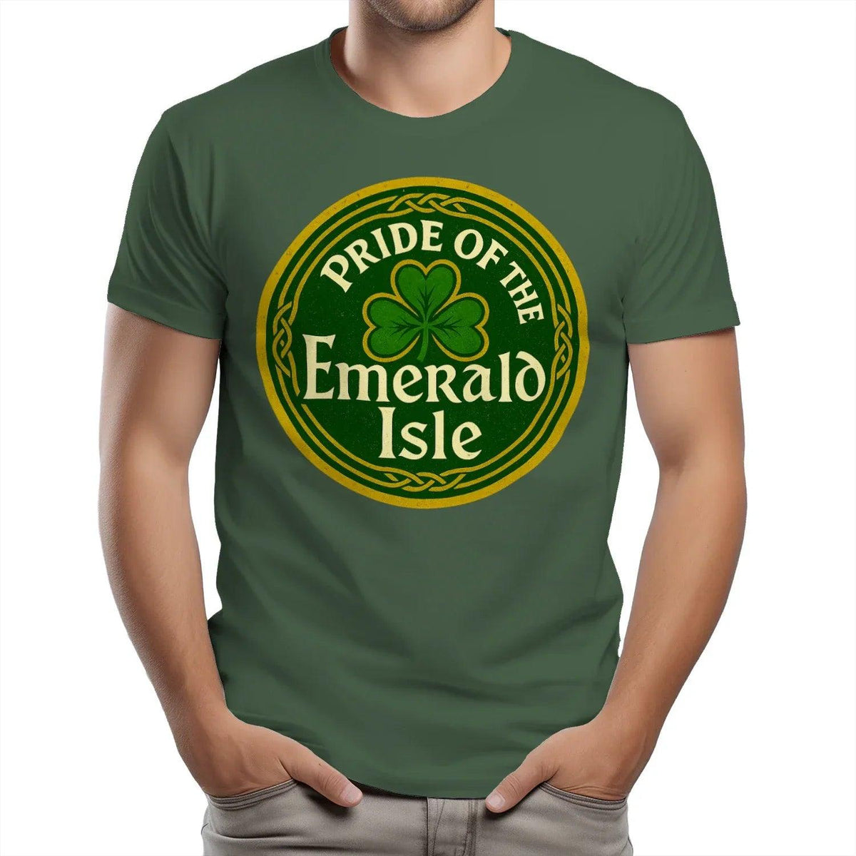 Green T-shirt with large front circular clover “Emerald Isle” logo at chest